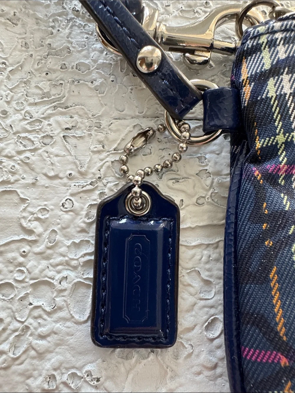 Coach Poppy Navy Plaid Wristlet with Glitter C